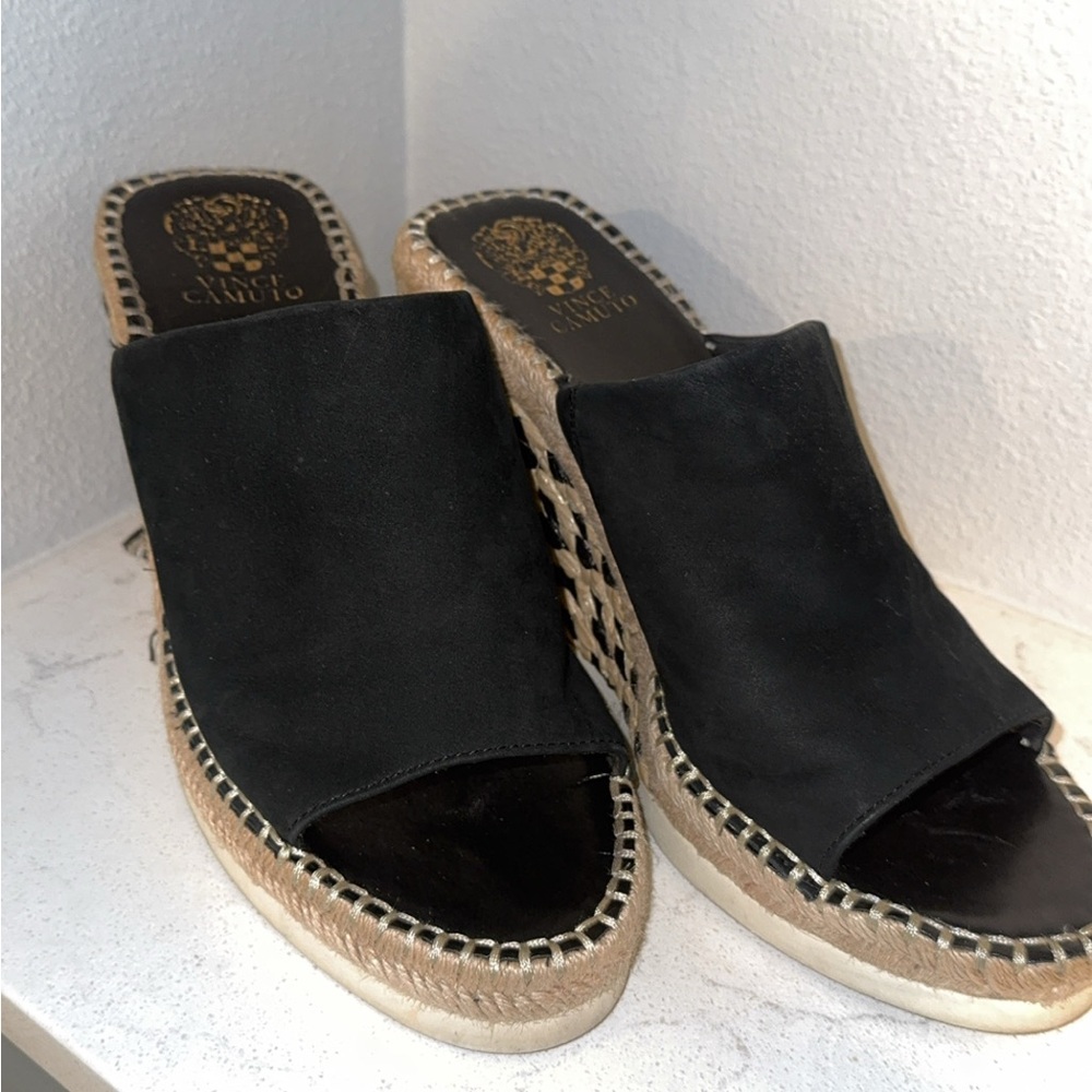 Vince Camuto Black and Gold Espadrille Slip-On Mules
